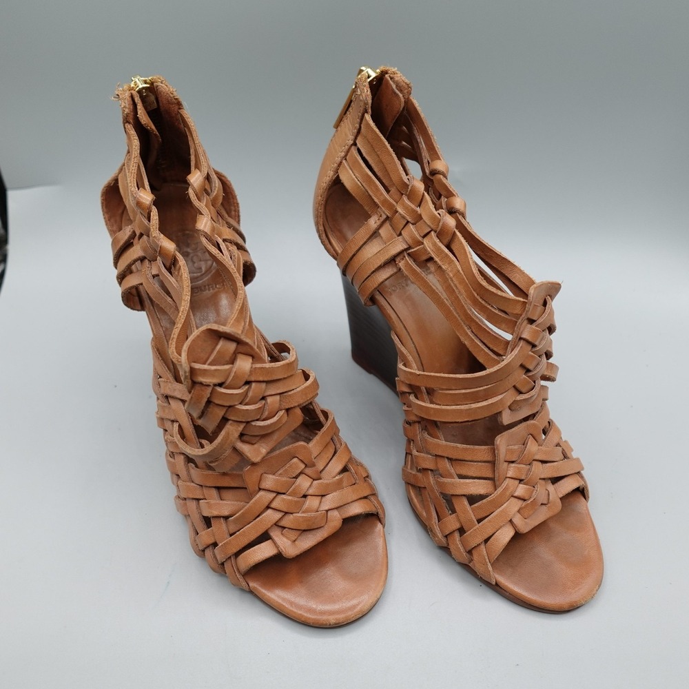 Tory Burch Heels Womens 6.5 Brown Leather Strappy Wedge Sandals Zip Open Toe
